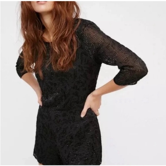 Free People black sequined 3/4 sleeve romper | Animal Instincts Playsuit | Sz 4 - Picture 2 of 11